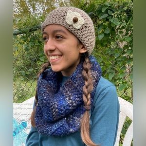 Handmade Beige Flower Hat and Heavyweight Infinity Scarf Set